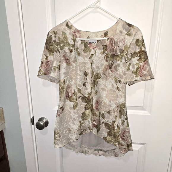 R&M Richards Blouse Cream Pink Green Floral Textured Top Size 8 - Picture 1 of 6